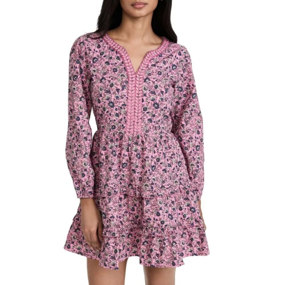 Roller Rabbit Cluny Naema Mini Dress Long Sleeve Pink Floral Tiered V-Neck Sz XL